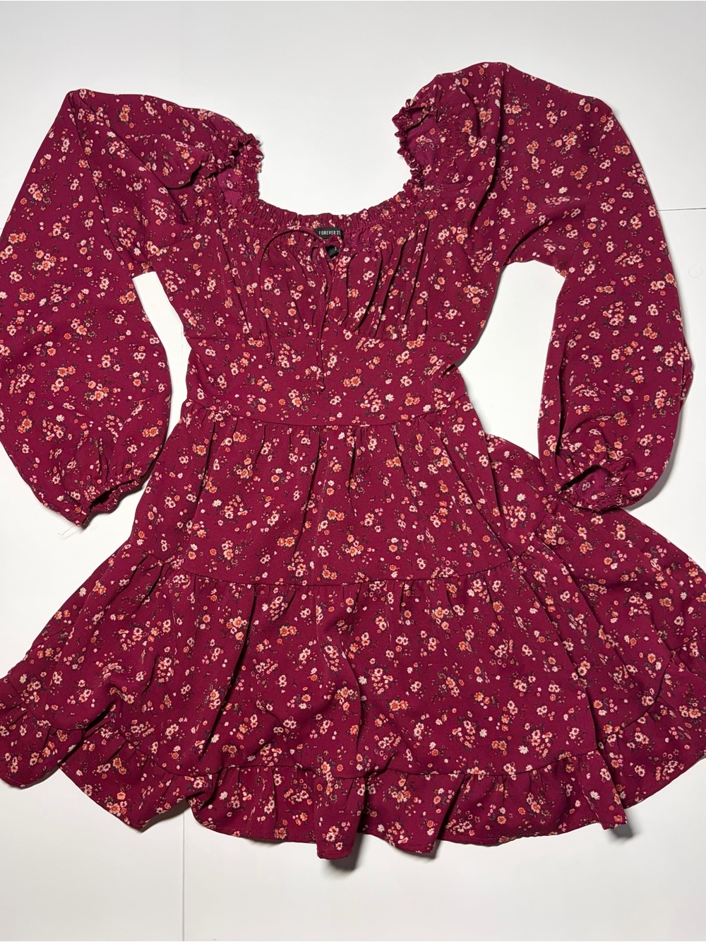 Forever 21 Women Burgundy Floral Puff-Sleeve Dress Size Small